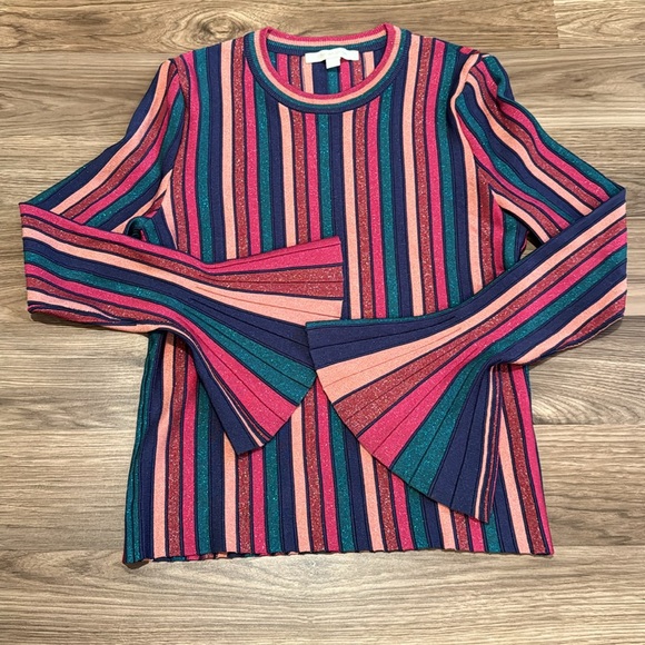 Jonathan Simkhai Metallic Shimmer Stripe Ribbed Bell Sleeve Stretch Knit Top S - Picture 1 of 13